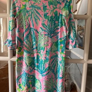 Lilly Pulitzer Girls XL 12-14 Pink Blue Green Ruffle Sleeve Dress